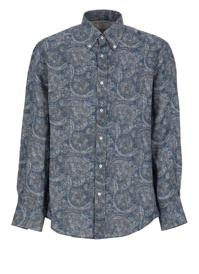 Brunello Cucinelli Men's Linen Paisley-print Sport Shirt In Blue