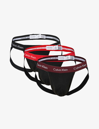 Calvin Klein Mens Black Branded-waistband Pack Of Three Stretch-cotton Jockstraps