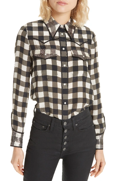 Alice And Olivia Alice + Olivia Caleb Gingham Western Shirt In Check Plaid Soft White