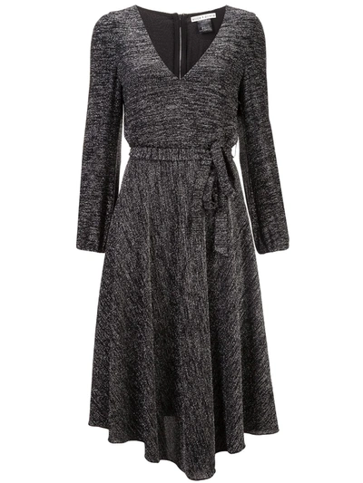Alice And Olivia Coco Plunging Long-sleeve Space-dye Midi Dress In Black Silver