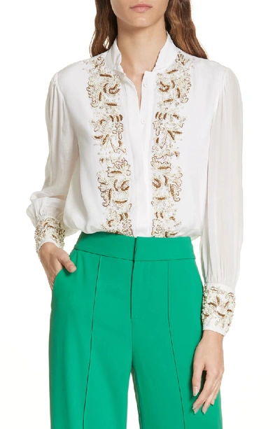 Alice And Olivia Zita Pearlescent-embroidered Button-front Blouse In Off White Gold