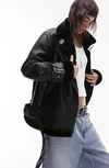 Topshop Aviator Oversize Faux Leather Jacket With Faux Fur Trim In Black