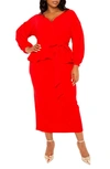 Buxom Couture Convertible Shoulder Belted Peplum Midi Dress In Red