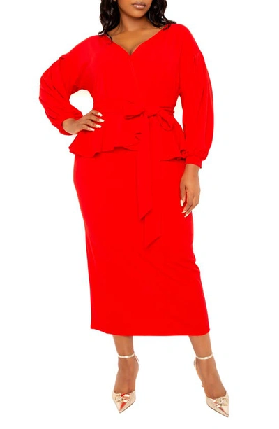 Buxom Couture Convertible Shoulder Belted Peplum Midi Dress In Red