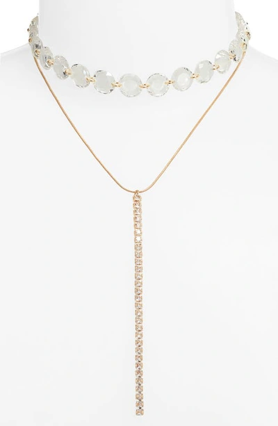 Open Edit Set Of 2 Resin Choker & Crystal Y-necklace In Clear- Gold
