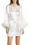 In Bloom By Jonquil Feather Trim Satin Robe In Ivory