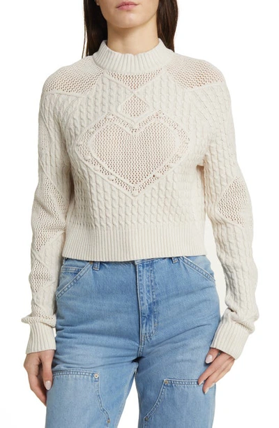 Pacsun Lovely Heart Mix Stitch Mock Neck Crop Sweater In White Sand