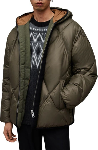 Allsaints Pegasis Hooded Nylon Puffer Coat In Khaki/marsh Olive