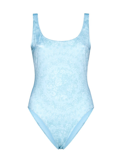 Versace Barocco-print Scoop-back Swimsuit In Blue