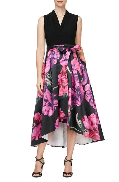 Sl Fashions Floral High-low Cocktail Dress In Black