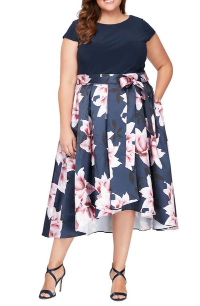 Sl Fashions Floral High-low Cocktail Dress In Navy