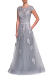 La Femme Long Tulle Gown With Intricate Lace Detailing In Silver