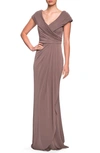 La Femme Short-sleeve Ruched Jersey Gown Dress In Brown