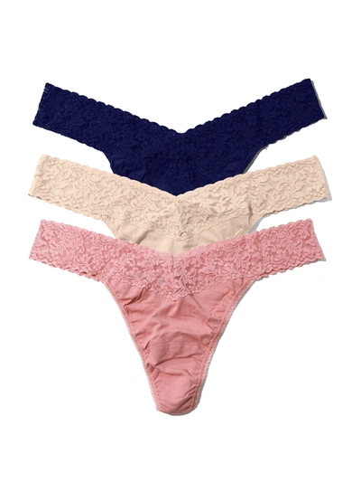 Hanky Panky 3 Pack Supima® Cotton Low Rise Thongs With Lace Neutral 1 In Brown