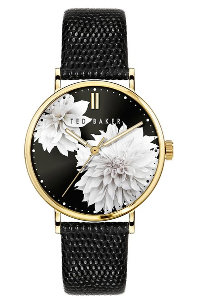 Ted Baker Phylipa Peonia Leather Strap Watch, 37mm In Black
