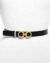 Ferragamo Skinny Gancini Belt In Black/pale Gray