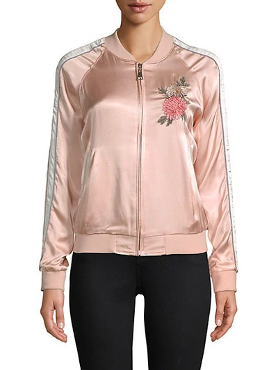 Ei8ht Dreams Floral Embroidered Satin Bomber Jacket In Dusty Pink