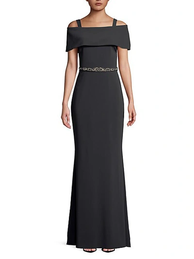 Badgley Mischka Belted Off-the-shoulder Gown In Charcoal