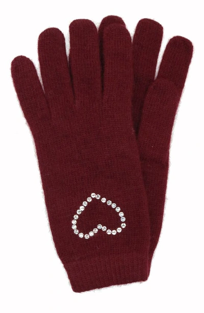 Portolano Crystal Heart Knit Gloves In Maroon