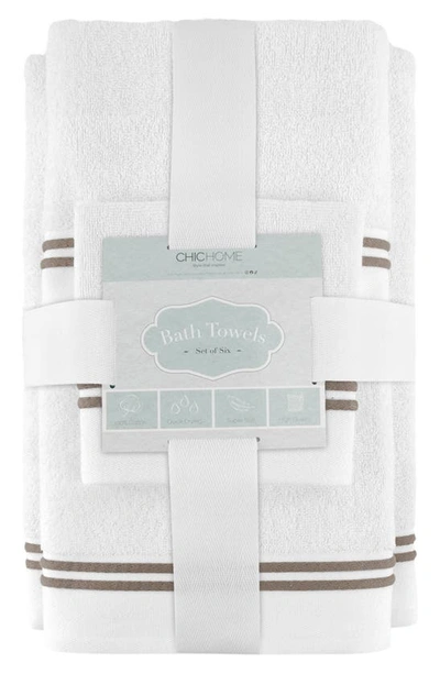Chic Stripe Hem Cotton 6-piece Bath Towel Set In White-taupe