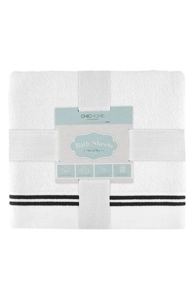 Chic Stripe Hem Cotton 2-piece Bath Sheet Set In White-black