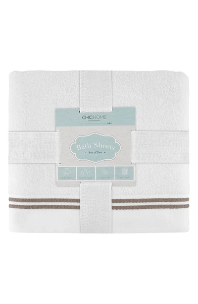 Chic Stripe Hem Cotton 2-piece Bath Sheet Set In White-taupe