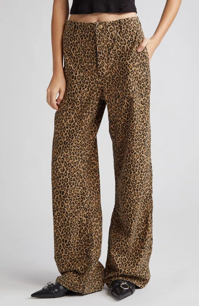 R13 Leopard Print Wide Leg Utility Pants In Beige