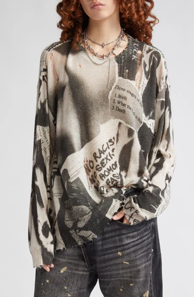 R13 Oversize Distressed Newspaper Print Cashmere Sweater In White