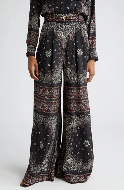 Zimmermann Bandana Print Pleated Wide Leg Trousers In Black