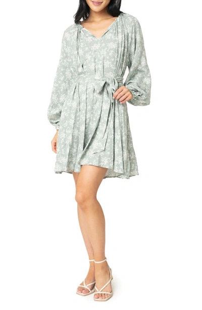 Gibsonlook Print Tie Waist Long Sleeve Dress In Delicate Sage Floral