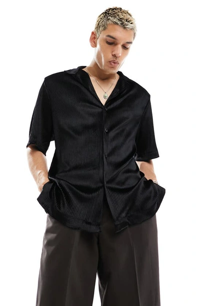 Asos Design Relaxed Velvet Rib Camp Shirt In Black
