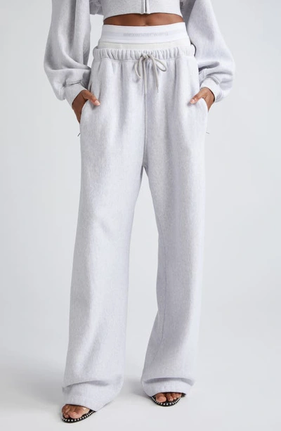 Alexander Wang Logo Elastic Waist Wide Leg Cotton Sweatpants In Light Heather Grey