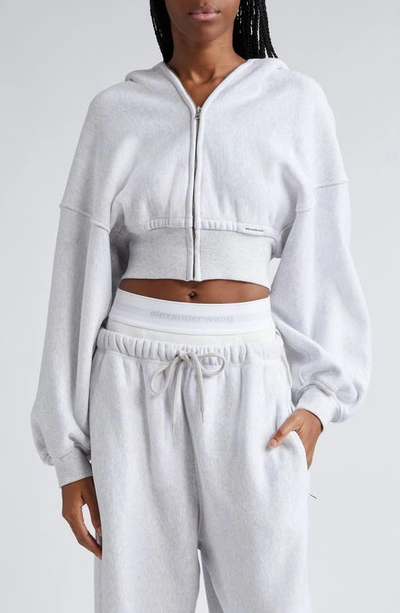 Alexander Wang Crop Front Zip Cotton Hoodie In Light Heather Grey