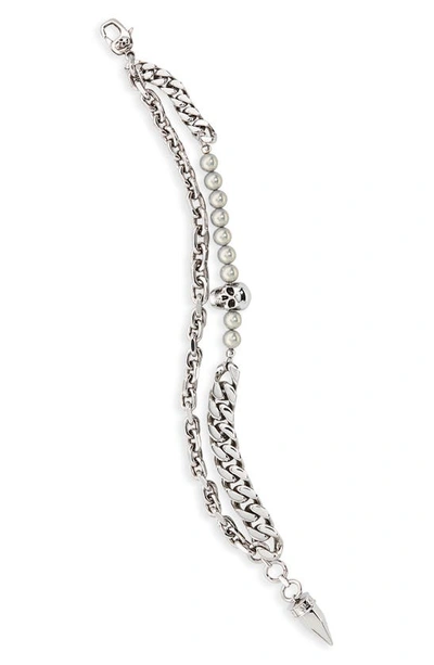 Alexander Mcqueen Skull Layered Chain Bracelet In A.silver/ Pearl