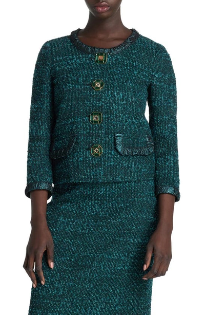 St John Textured Tweed Knit Sweater Jacket In Dark Teal/ Black Multi