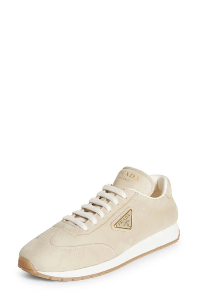 Prada Triangle Logo Low Top Trainer In Light Beige