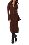 Paige Sundara Long Sleeve Organic Cotton & Silk Blend Rib Midi Dress In Chocolate Brown