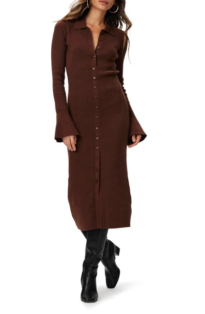Paige Sundara Long Sleeve Organic Cotton & Silk Blend Rib Midi Dress In Chocolate Brown