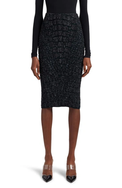 Alaïa Croco Bouclé Jacquard Pencil Skirt In Noir/ Vert