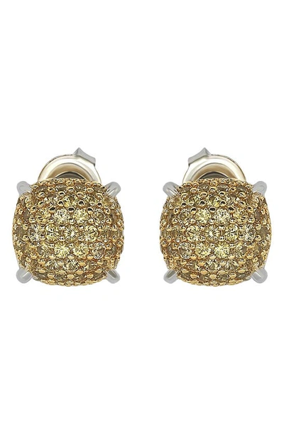 Suzy Levian Yellow Sapphire Pavé Cushion Stud Earrings In Gold