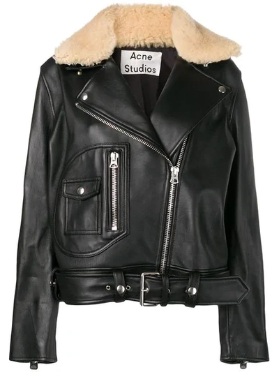 Acne Studios Shearling Collar Leather Biker Jacket In Black