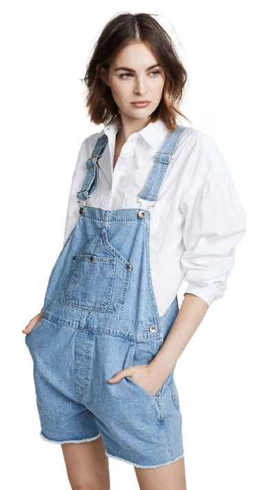 Rag & Bone Patched Cutoff Short Dungaree Denim Overalls In Crystal Wash