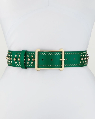 Elie Saab Leather Belt W/ Golden Buckle & Studs In Green Pattern