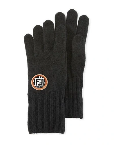 Fendi Wool/cashmere Ff Knit Gloves In Black