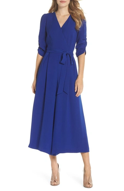 Eliza J Ruched Sleeve Wide Leg Jumpsuit In Cobalt
