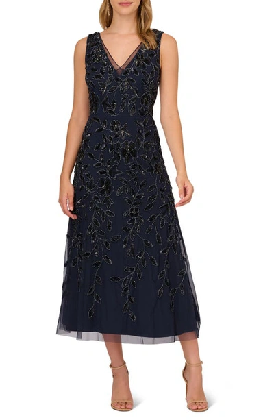 Adrianna Papell Beaded Sequin Cocktail Dress In Navy