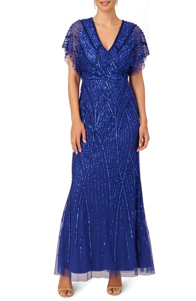 Adrianna Papell Beaded Sequin Surplice Trumpet Gown In Ultra Blue