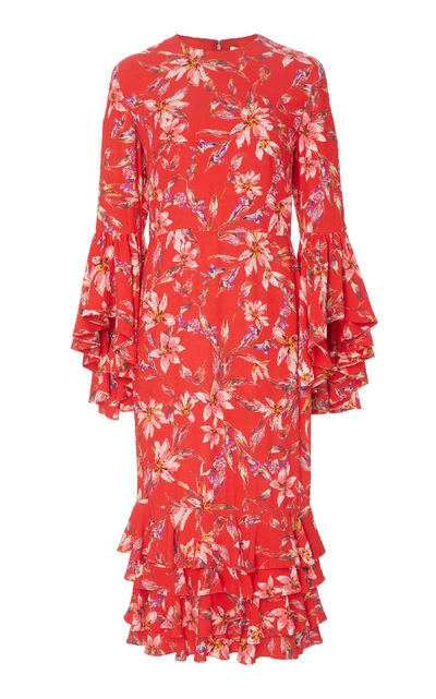 Amur Alexia Crepe Flared Sleeve Midi Dress In Floral