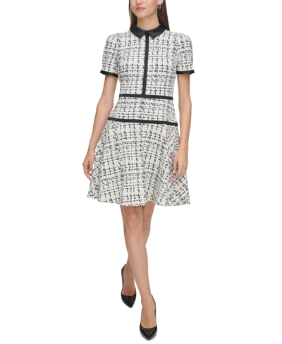 Karl Lagerfeld Women's Plaid-knit Contrast-trim Dress In Soft White Black