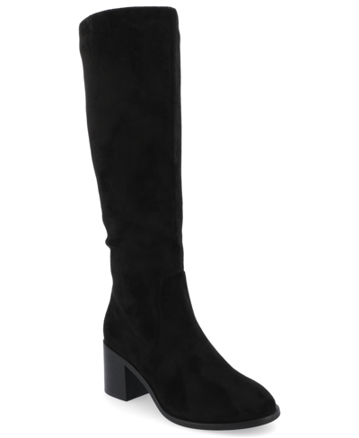 Journee Collection Women's Romilly Wide Width Wide Calf Round Toe Block Heel Knee High Boots In Black Suede